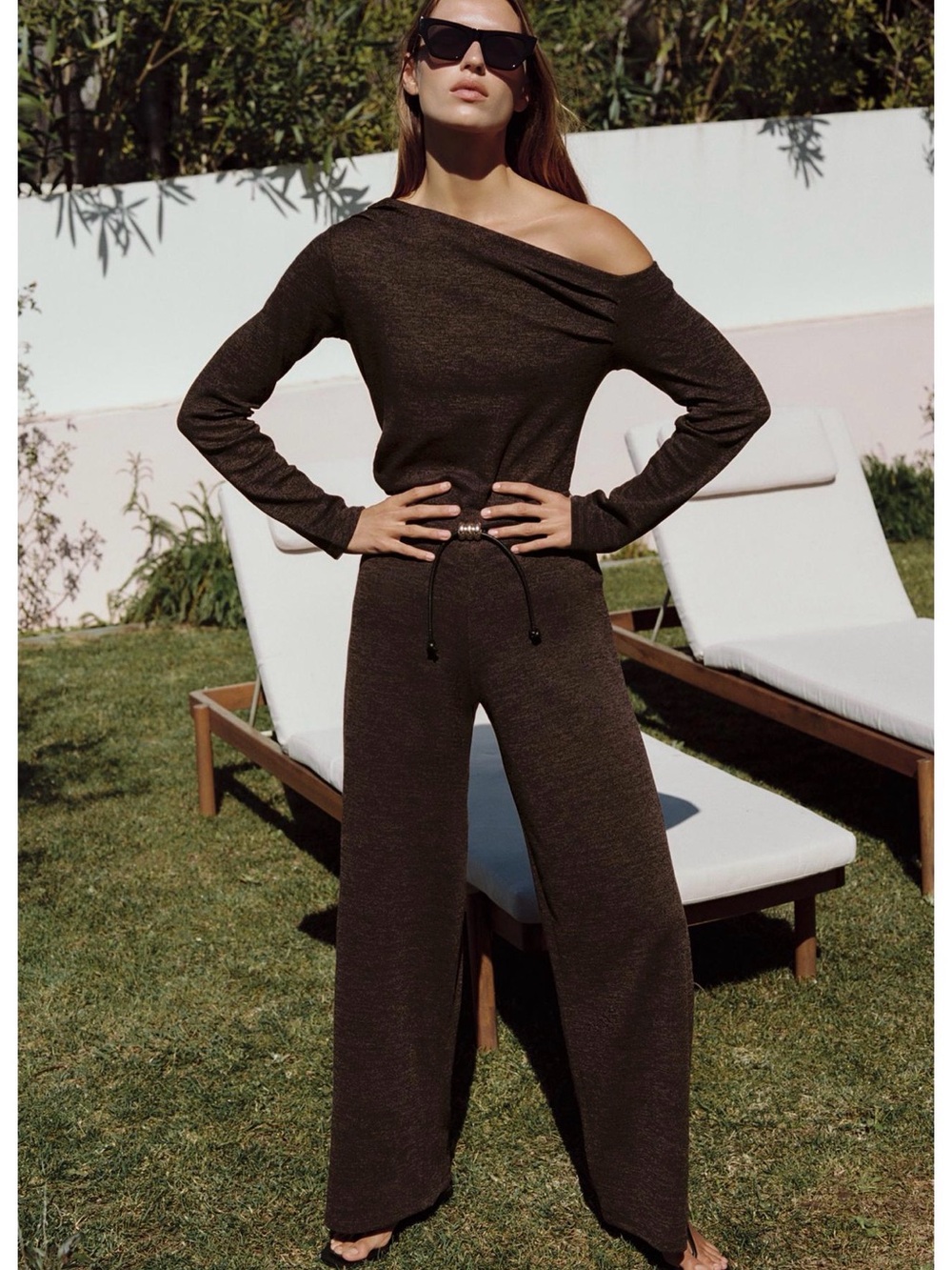 Zara Dark Brown Off-Shoulder Wide-Leg Jumpsuit